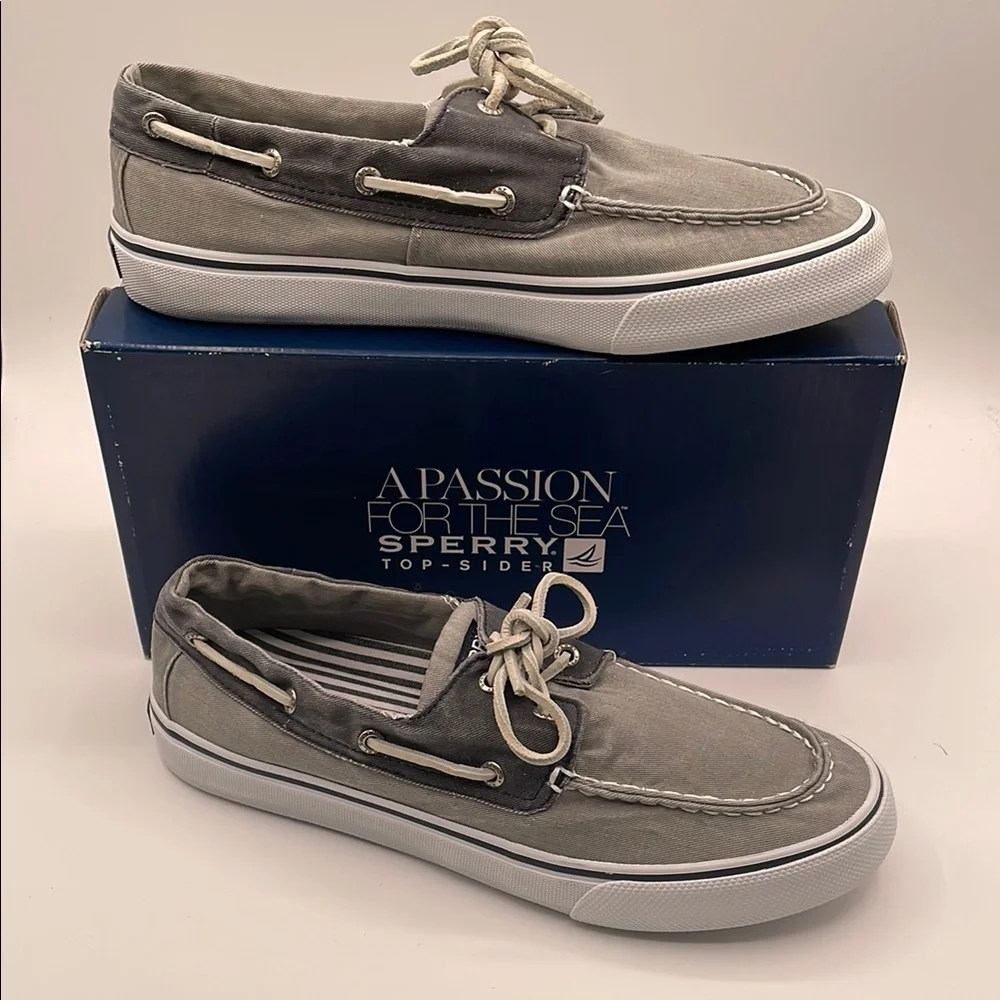 Sperry Top Sider Bahama Men's Grey Canvas Boat Shoes Moccasins Tie Size 10 EUC